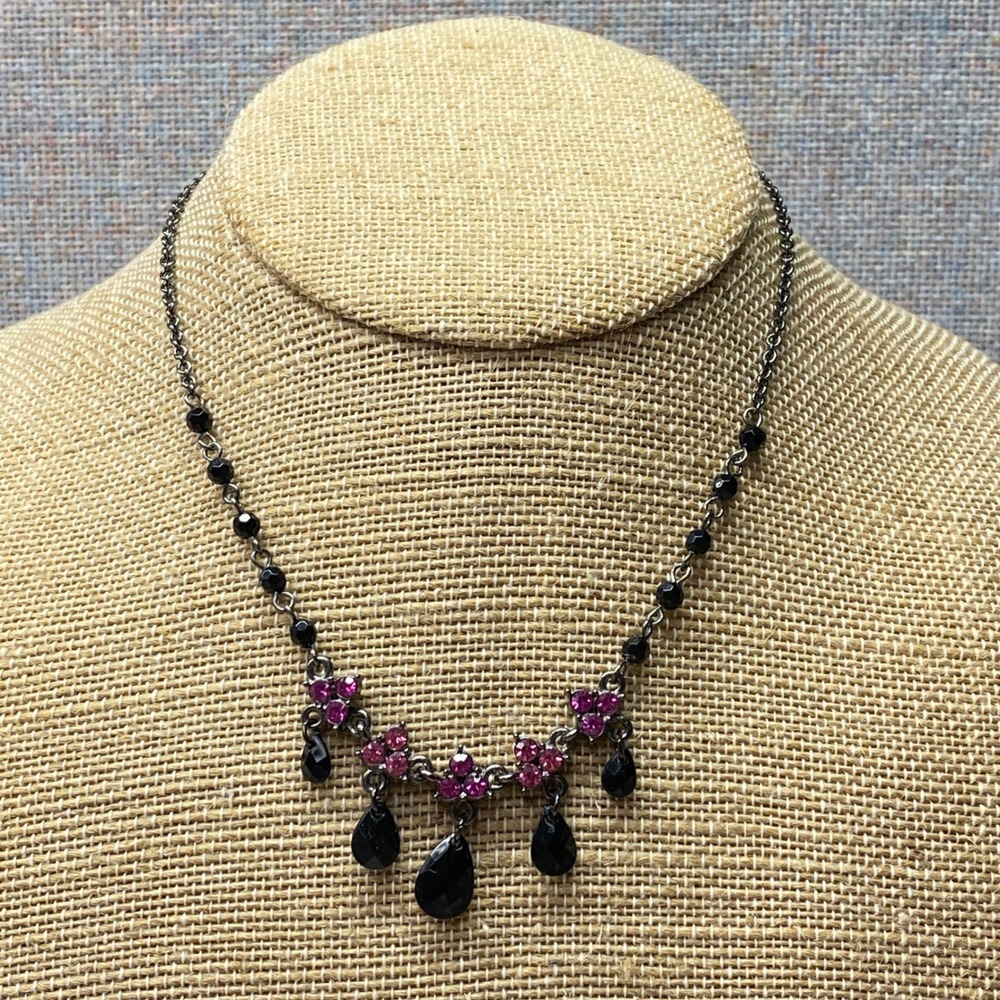 1928 Collection Gothic Black Crystal Dangle Necklace Witchycore Dark Romance